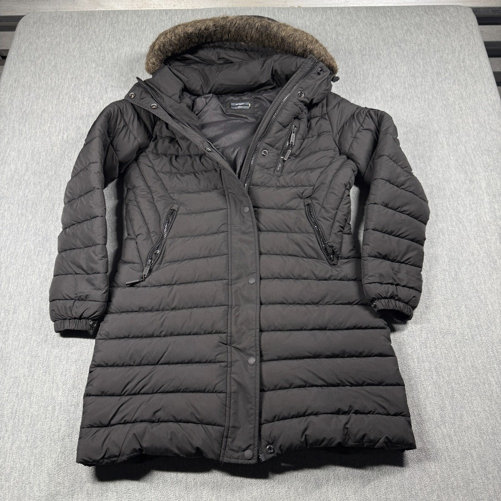 Superdry Parka Jacket Womens 6 Black Quilted Puffer Faux Fur Hood W5010285A